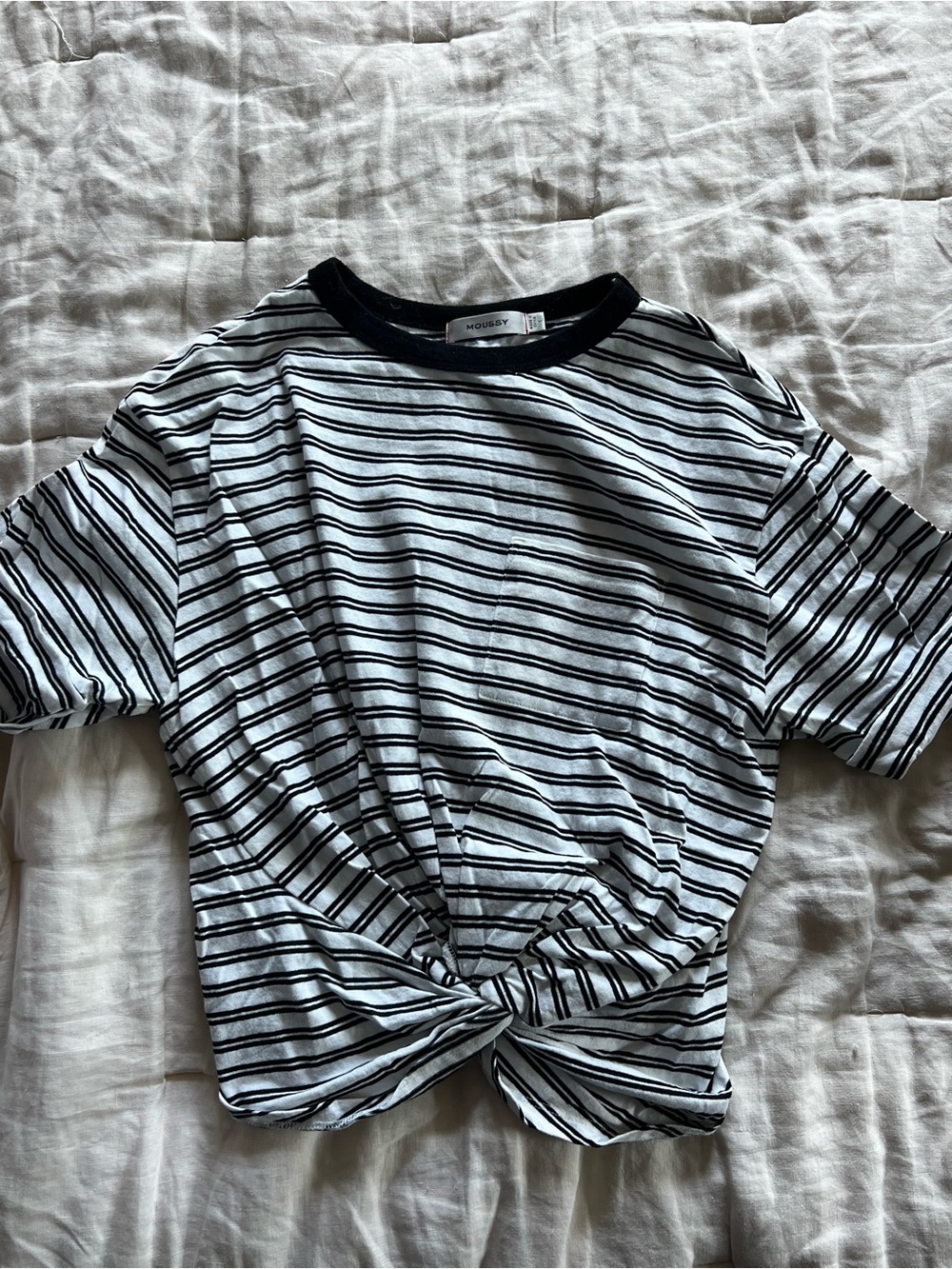 Moussy Black and White Striped Short Sleeve Tee